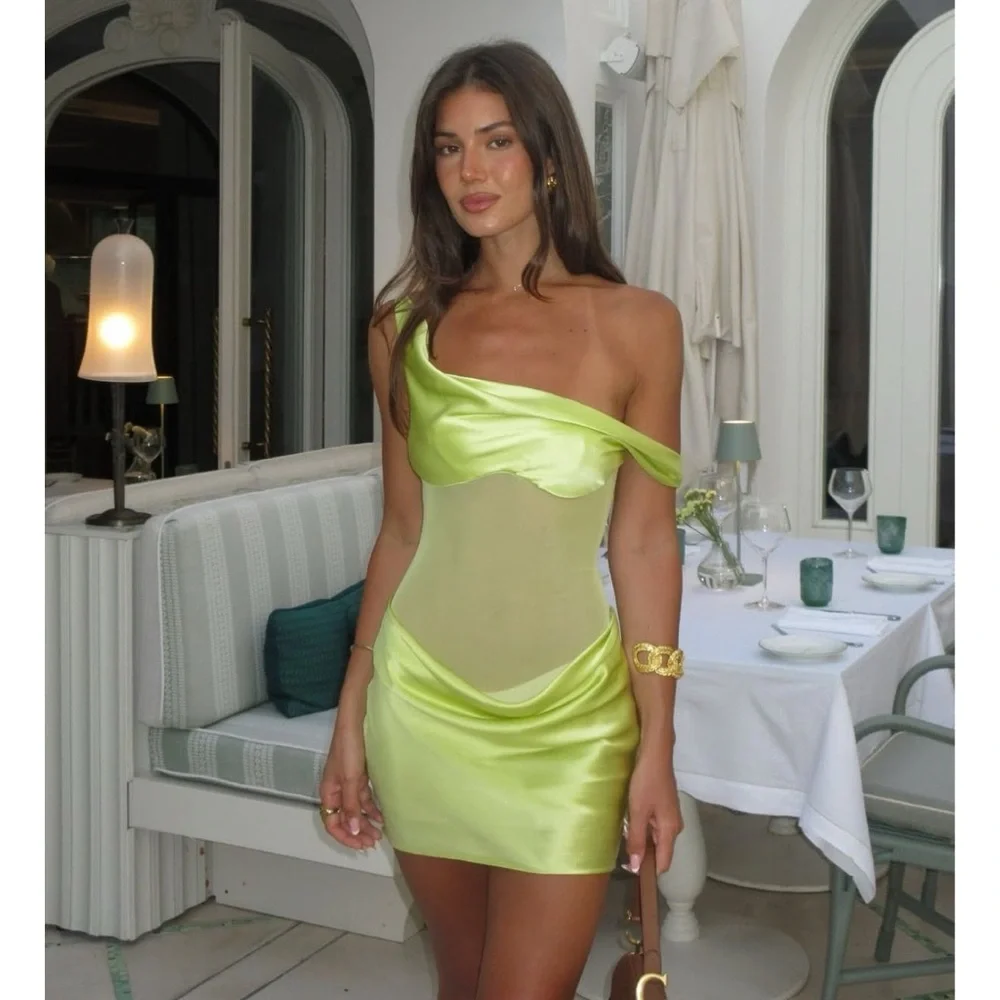 NEW Natalie Rolt Elodie Mini Dress (Sz 2 / US 6) Silk Satin Mesh Chartreuse - Picture 3 of 14